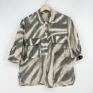 120% Lino Button Blouse Top Womens US 4 Italy 40 Gray Beige Animal Print Pockets